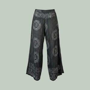 Earthbound Trading Co Wide Leg Pants L Black Om Sun Boho Hippie Yoga Flowy